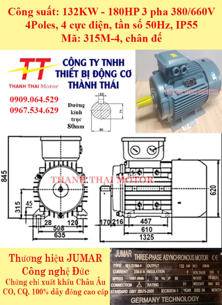 Động cơ điện 3 pha 132KW 180HP 4Poles chân đế