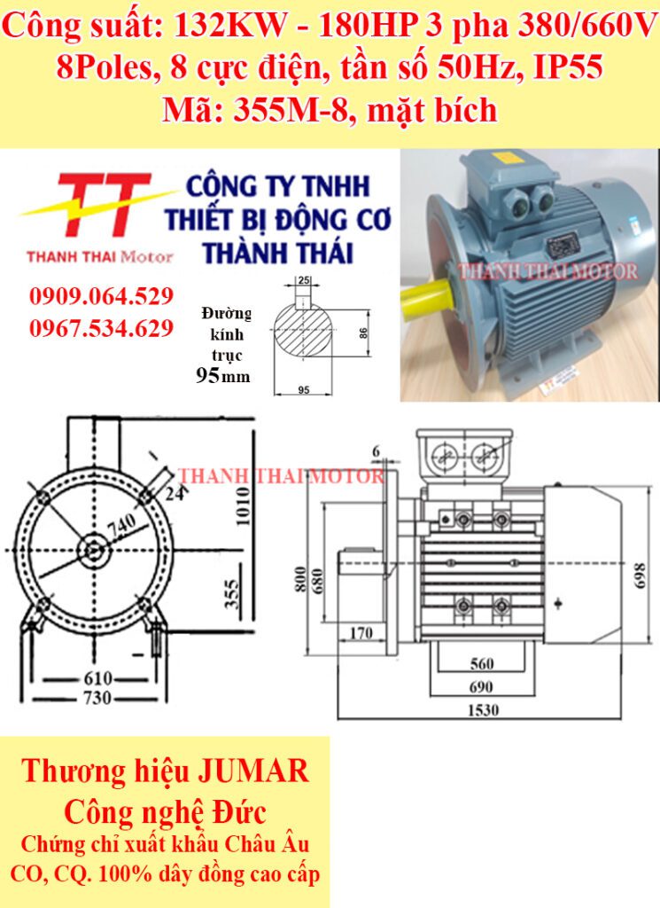 Động cơ điện 3 pha 132KW 180HP 8Poles mặt bích