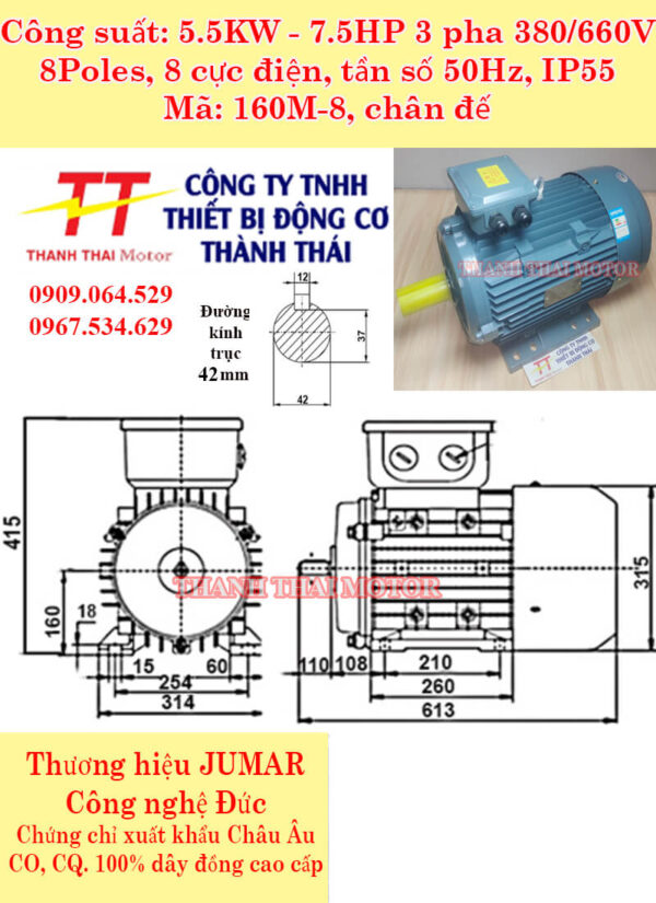 Động cơ điện 3 pha 5.5KW 7.5HP 8Poles chân đế