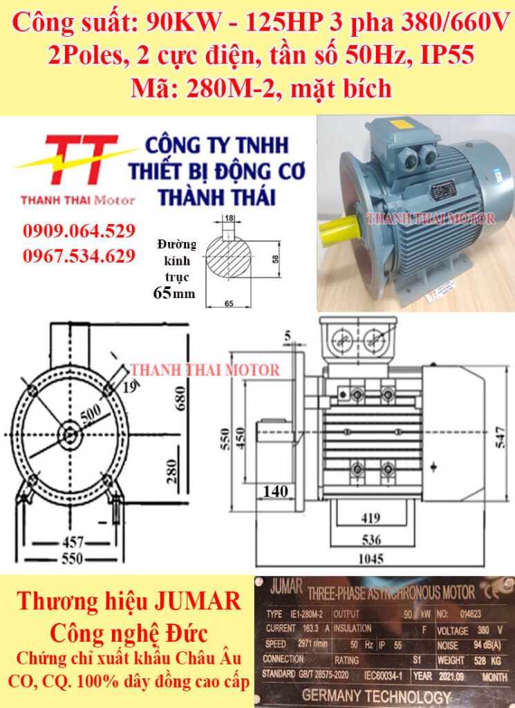 Động cơ điện 3 pha 90kw 125HP 2Poles mặt bích