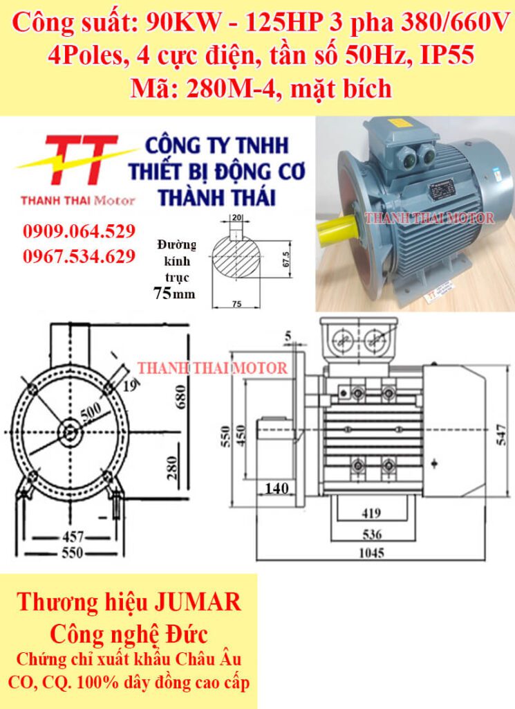 Động cơ điện 3 pha 90KW 125HP 4Poles mặt bích