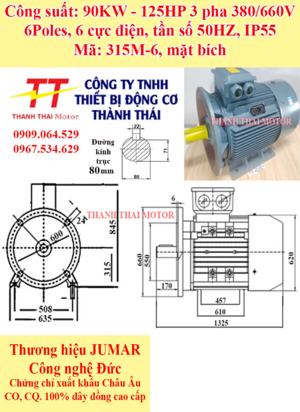 Động cơ điện 3 pha 90KW 125HP 6Poles mặt bích