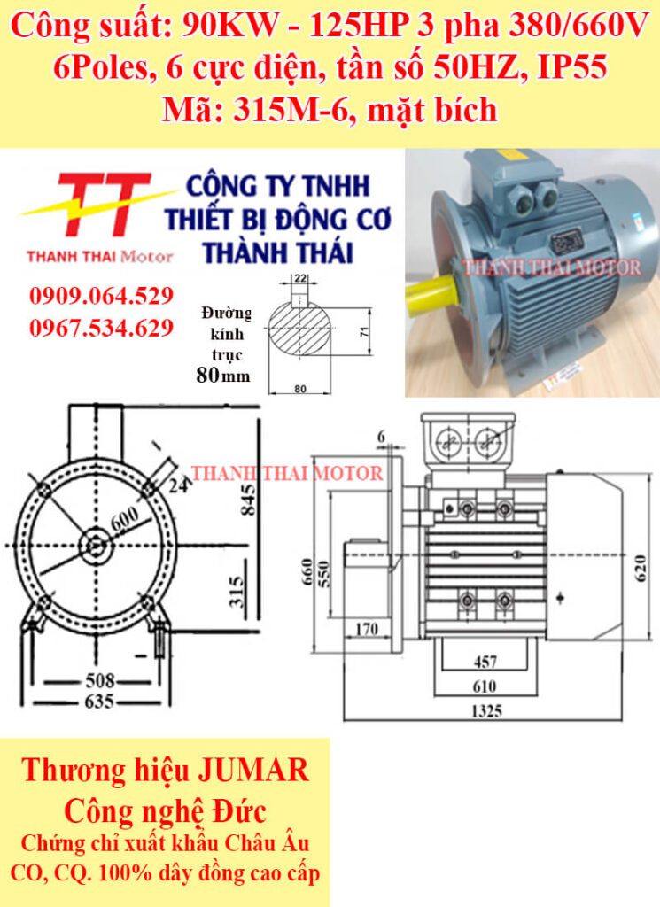 Động cơ điện 3 pha 90KW 125HP 6Poles mặt bích