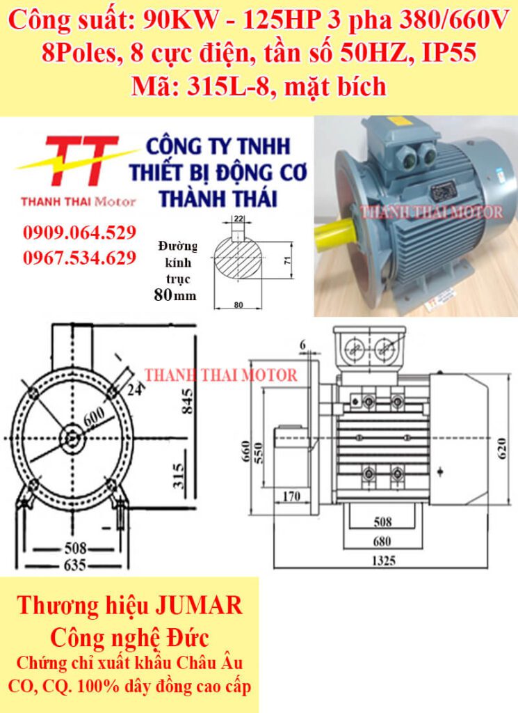 Động cơ điện 3 pha 90KW 125HP 8Poles mặt bích