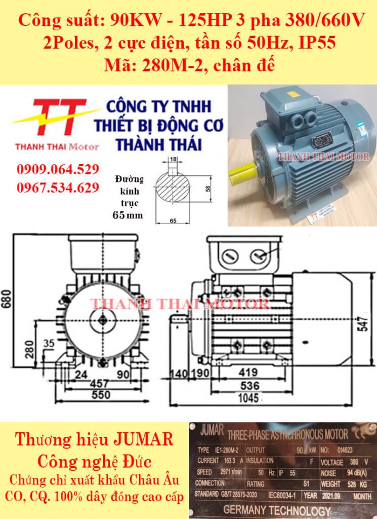 Động cơ điện 3 pha 90kw 125HP 2Poles chân đế