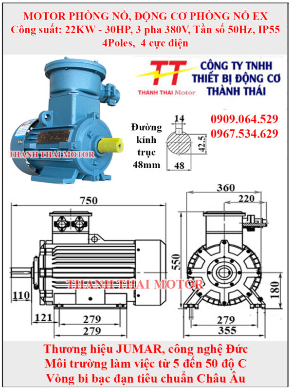 Động cơ phòng nổ 22KW 30HP 4Poles chân đế