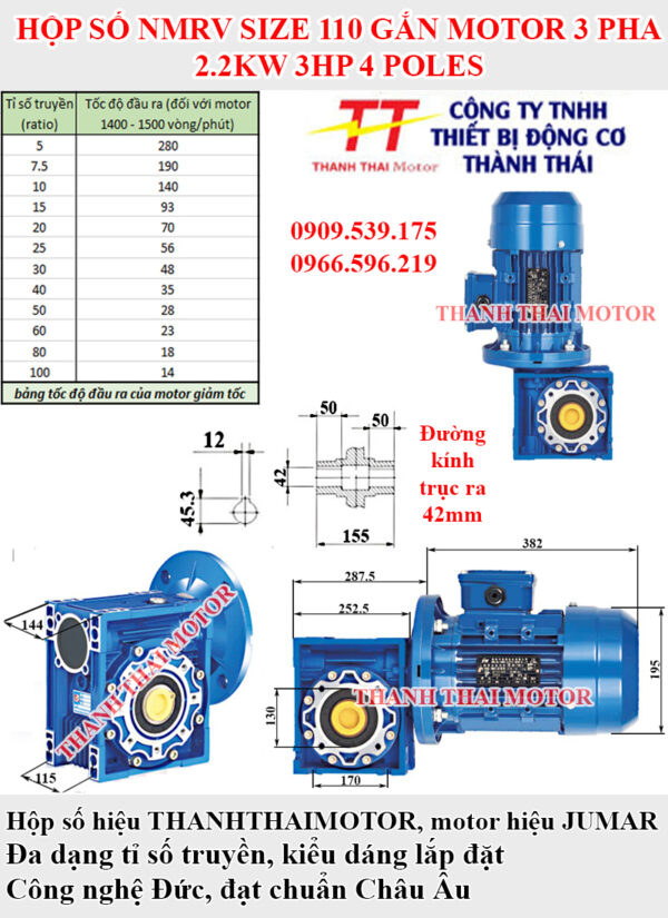 Motor 3 pha 2.2KW 4Poles lắp với Hộp giảm tốc NMRV size 110