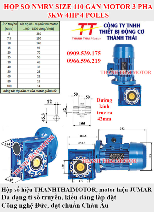 Motor 3 pha 3KW 4Poles lắp với Hộp giảm tốc NMRV size 110