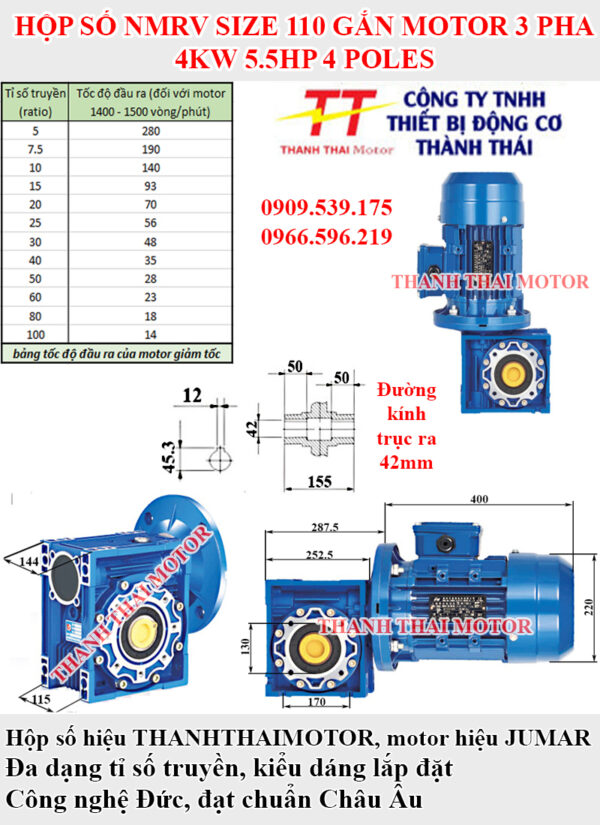 Motor 3 pha 4KW 4Poles lắp với Hộp giảm tốc NMRV size 110