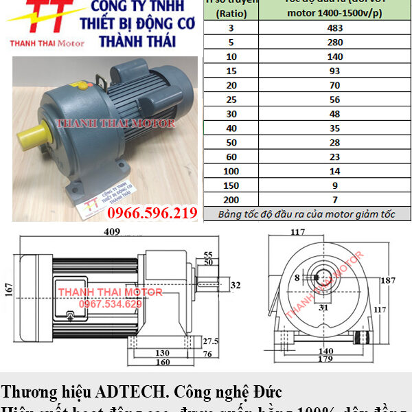 Motor giảm tốc 1 pha 0.8KW 1HP cốt 32mm chân đế