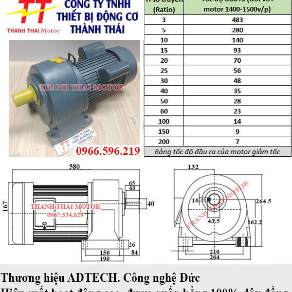 Motor giảm tốc 1 pha 0.8KW 1HP cốt 40mm chân đế