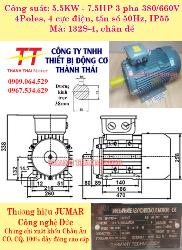 Động cơ điện 3 pha 5.5KW 7.5HP 4Poles chân đế