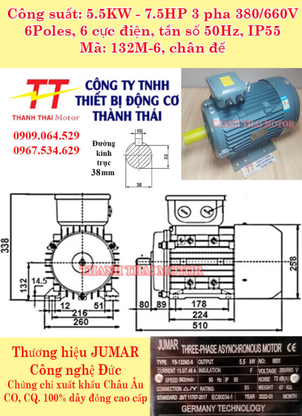 Động cơ điện 3 pha 5.5KW 7.5HP 6Poles chân đế