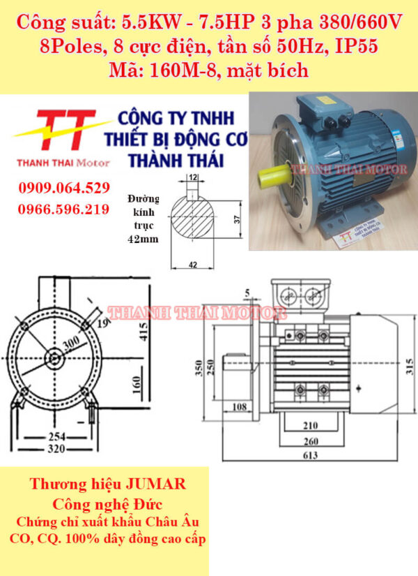 Động cơ điện 3 pha 5.5KW 7.5HP 8Poles mặt bích