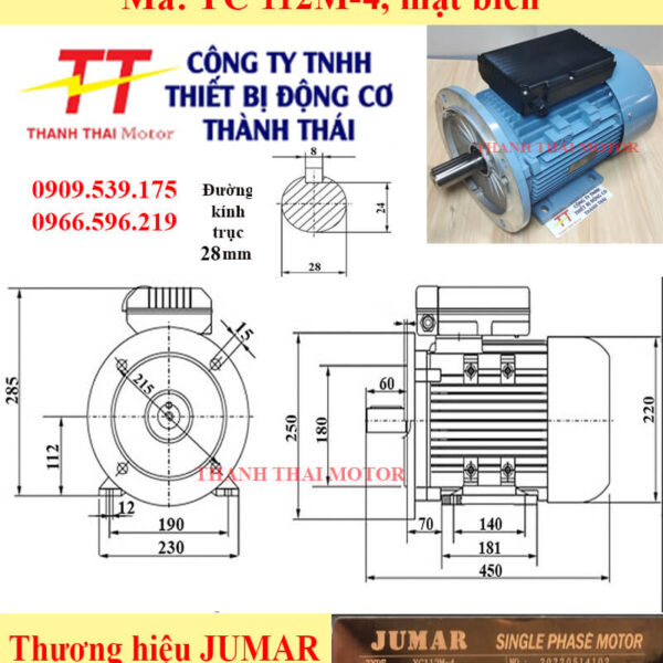 Motor điện 1 pha YC 2.2KW 3HP 4Poles mặt bích