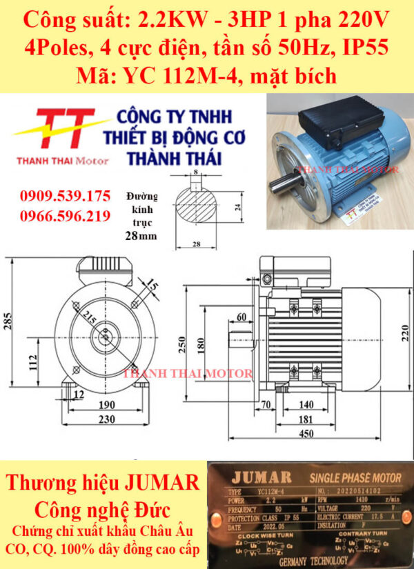 Motor điện 1 pha YC 2.2KW 3HP 4Poles mặt bích