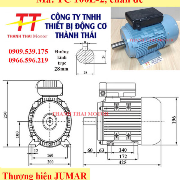 Motor điện 1 pha YC 2.2KW 3HP 2Poles chân đế