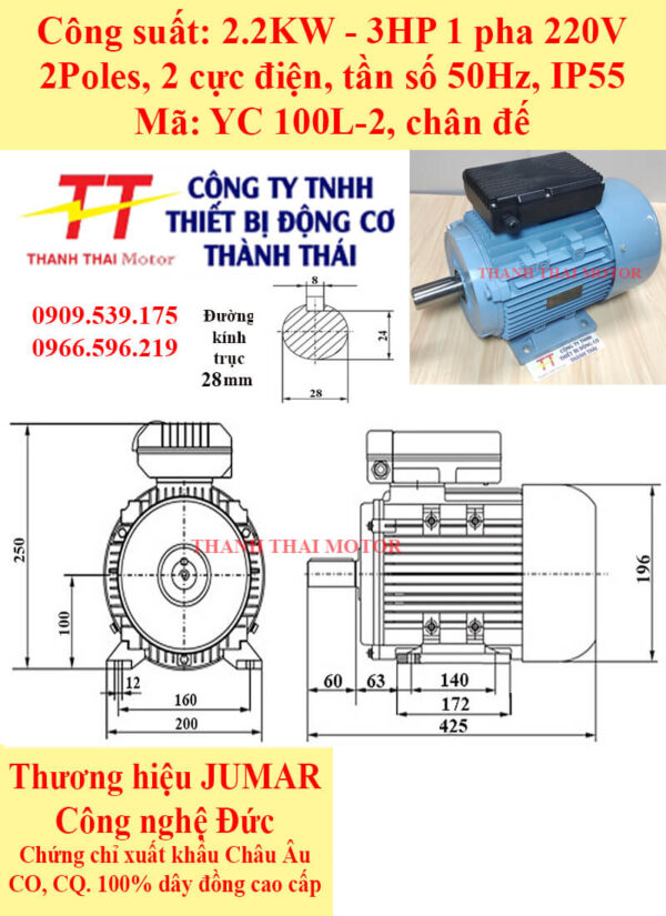 Motor điện 1 pha YC 2.2KW 3HP 2Poles chân đế