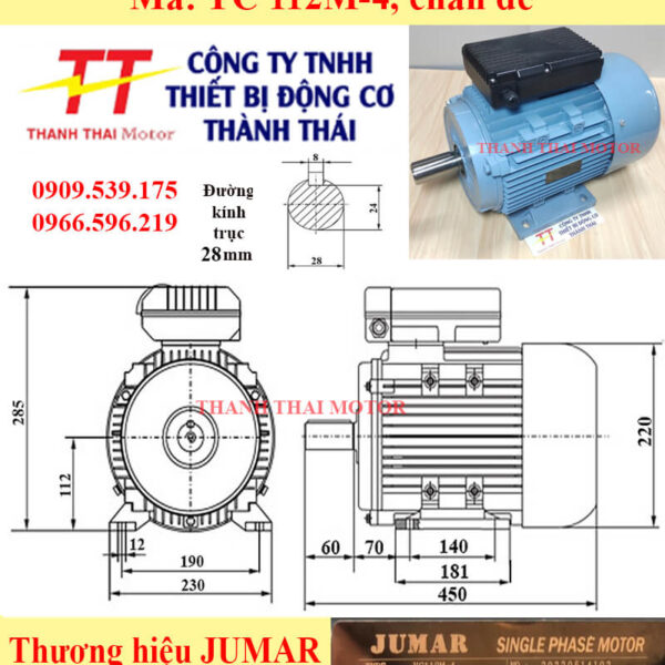 Motor điện 1 pha YC 2.2KW 3HP 4Poles chân đế