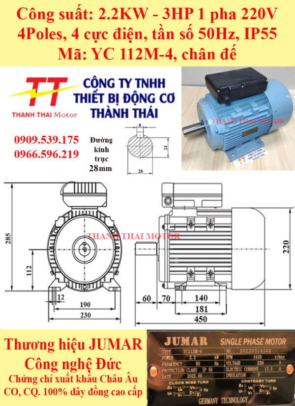 Motor điện 1 pha YC 2.2KW 3HP 4Poles chân đế