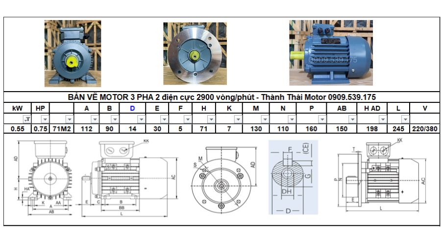 Động cơ 3 pha 0.55kW 0.75Hp 2 cực