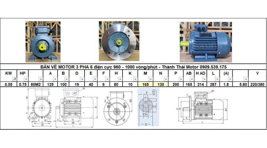 Động cơ 3 pha 0.55kW 0.75Hp 2 cực