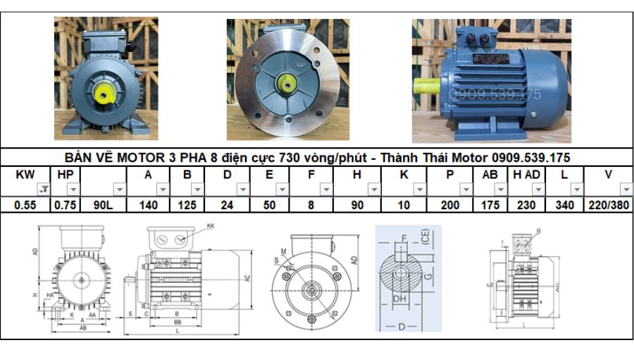 Động cơ 3 pha 0.55kW 0.75Hp 8 cực