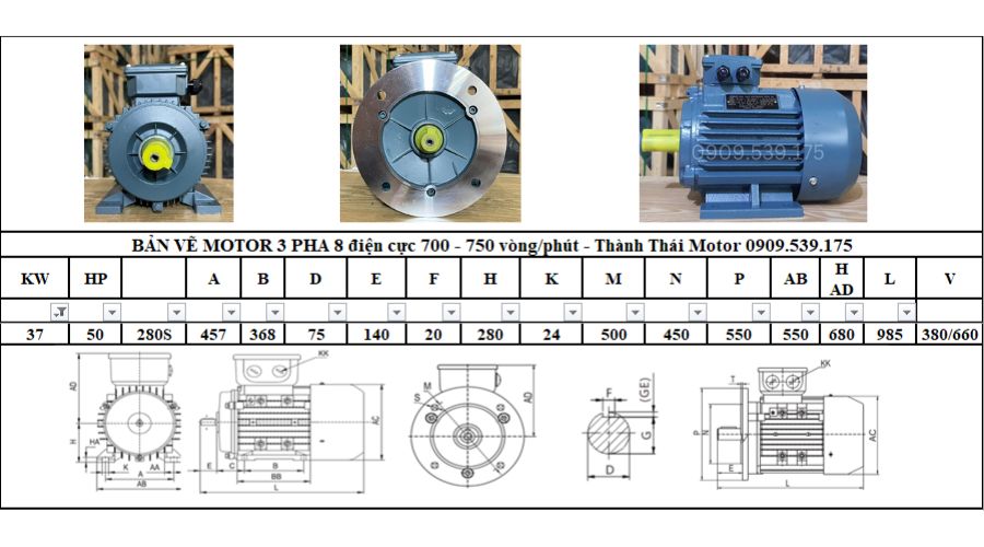 Động cơ điện 3 pha 38kW 50Hp 8 điện cực (700-750 vòng/phút)