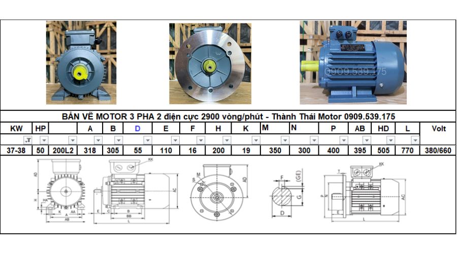 Động cơ điện 3 pha 38kW 50Hp 2 điện cực (2800-3000 vòng/phút)