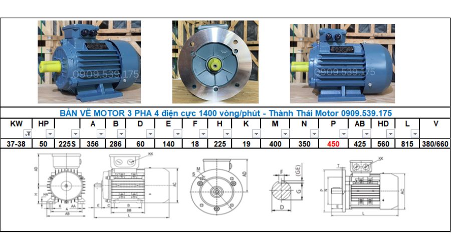 Động cơ điện 3 pha 38kW 50Hp 4 điện cực (1400-1500 vòng/phút)