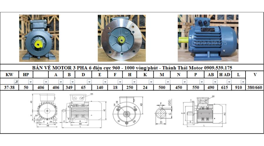 Động cơ điện 3 pha 38kW 50Hp 6 điện cực (900-1000 vòng/phút)