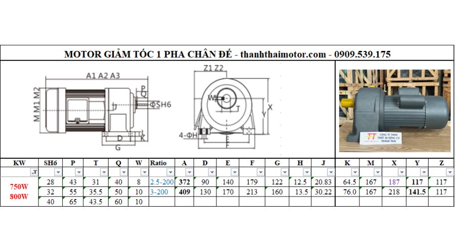 Motor giảm tốc 1 pha 0.8kW 1Hp loại chân đế