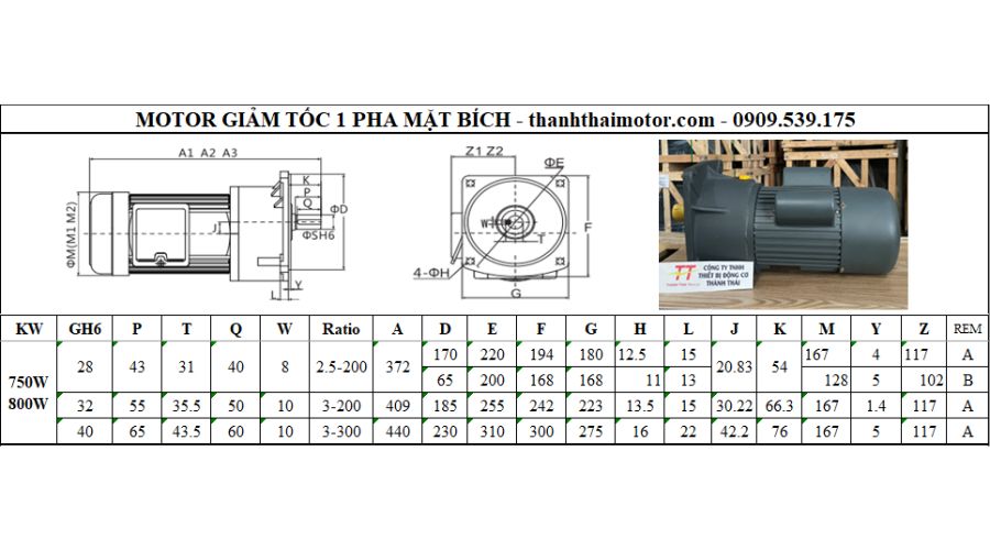 Motor giảm tốc 1 pha 0.8kW 1Hp loại mặt bích