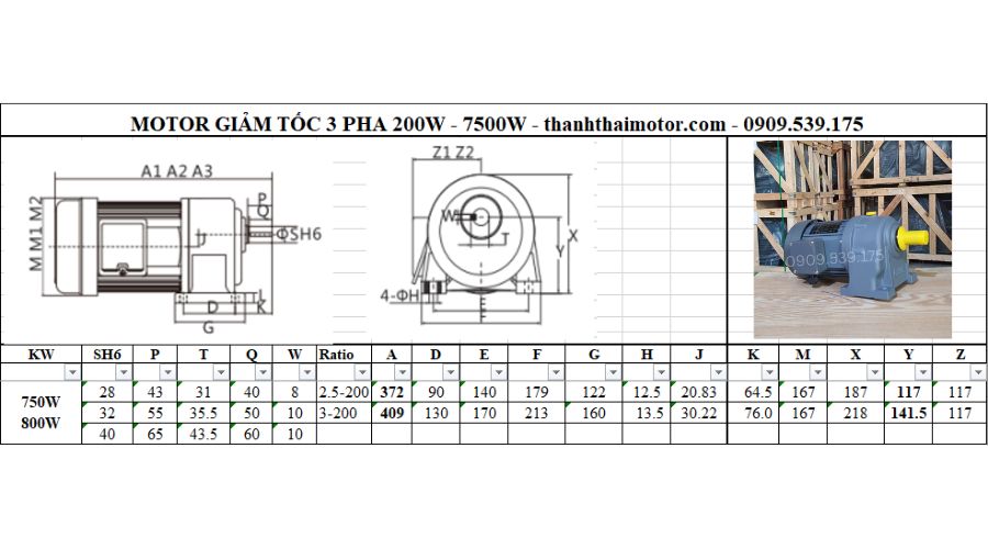 Motor giảm tốc 3 pha 0.8kW 1HP