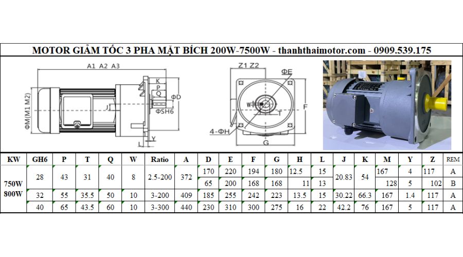 Motor giảm tốc 3 pha 0.8kW 1HP loại mặt bích